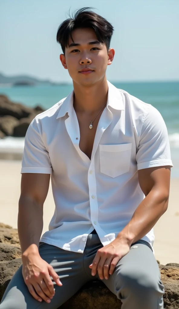 perfect italian man, wearing brown t-shirt and beige jeans, posing, smirk, view on the Hawaii, long distance shot, short hairstyles light hairin on the Hawaii on character's face