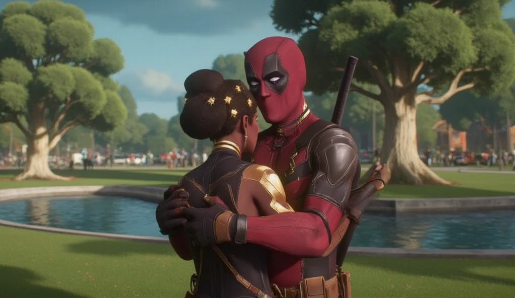 deadpool and Mel Medarda hugging each other at the park, realistic