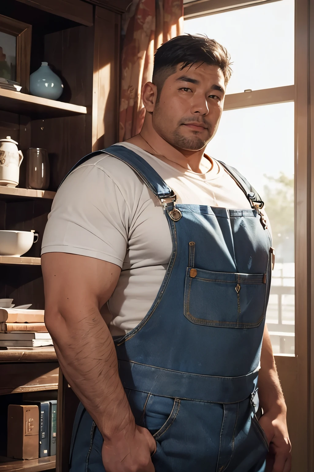 ((Upper body:1.2)),A portrait full body picturegraph, 강력한 Muscular의 털이 많은 40대 몽골 남성, Attractive middle-aged Mongolian ,round face:2, heavy worker ,  hard worker , Balgstrong , Muscular,  big belly with lots of hair ,(( I'm watching the viewer )),(((( detail eyes )))), ((Blue overalls)),((Blue overalls)),Balanced lighting,room, natural standing posture , very short hair , 매우 짧은 염소 beard, Epic Realistic , picture, ((((HDR)))), Intricate scene ,  Thick Pussy ,  NASSFY , big body,  wild chubby uncle , mature adult, beard, Thick body, Muscular, Bulky, (( Kind of expression )), kind attitude ,( perfect body proportions : 1.2), mature adult, Barefoot, 8K quality, picture