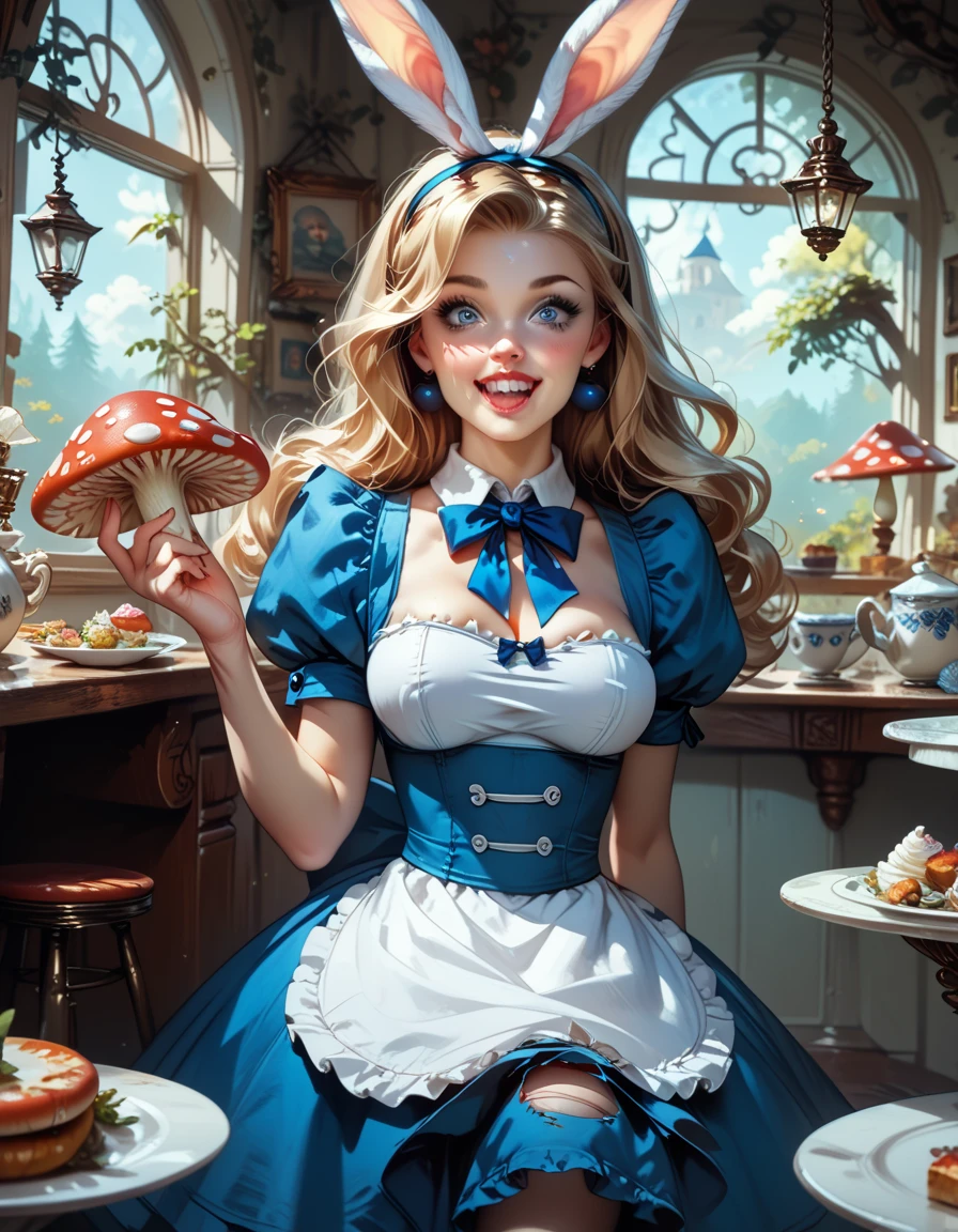 Alice in Wonderland, eats the mushroom that makes her tall, she is growing larger and her dress is shredding, up skirt fetish, her underwear is tight and ripping, boobs are squished and tight, inside the little house, white rabbit is sexually excited, fine details, face is pretty and innocent, pretty teeth and eyes, HD, 8x, lurid and vivid colors, classic fairy tale aesthetic, classic illustration style,