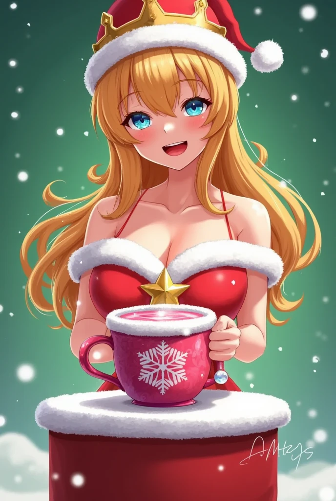 santagirl,chirtsmas,Snowy，Podium Background，Christmas， a vibrant pink coffee cup with intricate white design on the lid， holding a light pink drink topped with a white star， featuring a regal woman's face in delicate white outline， adorned with a golden crown and soft， flowing hair， against a bright green background aglow with twinkling white lights， evoking a joyful， magical holiday ambiance.,