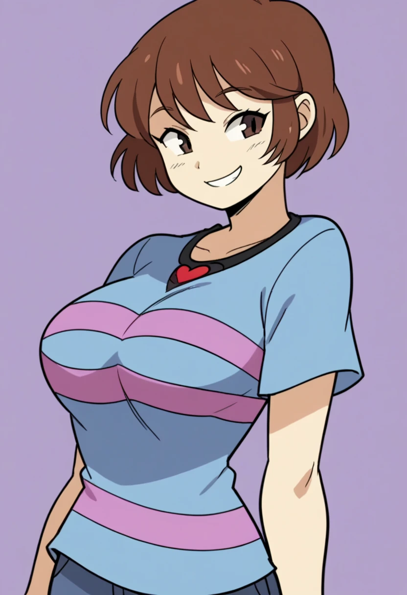 score_9, score_8_up, score_7_up,  source_Anime, Anime screencap,   frisk (), Brown Hair,  short hair,  dark eyes,  Big Breasts ,  1 girl, Alone,  stripe ,  shirt, smile,  Flat Color ,