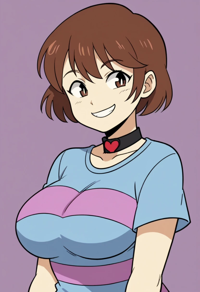 score_9, score_8_up, score_7_up,  source_Anime, Anime screencap,   frisk (), Brown Hair,  short hair,  dark eyes,  Big Breasts ,  1 girl, Alone,  stripe ,  shirt, smile,  Flat Color ,