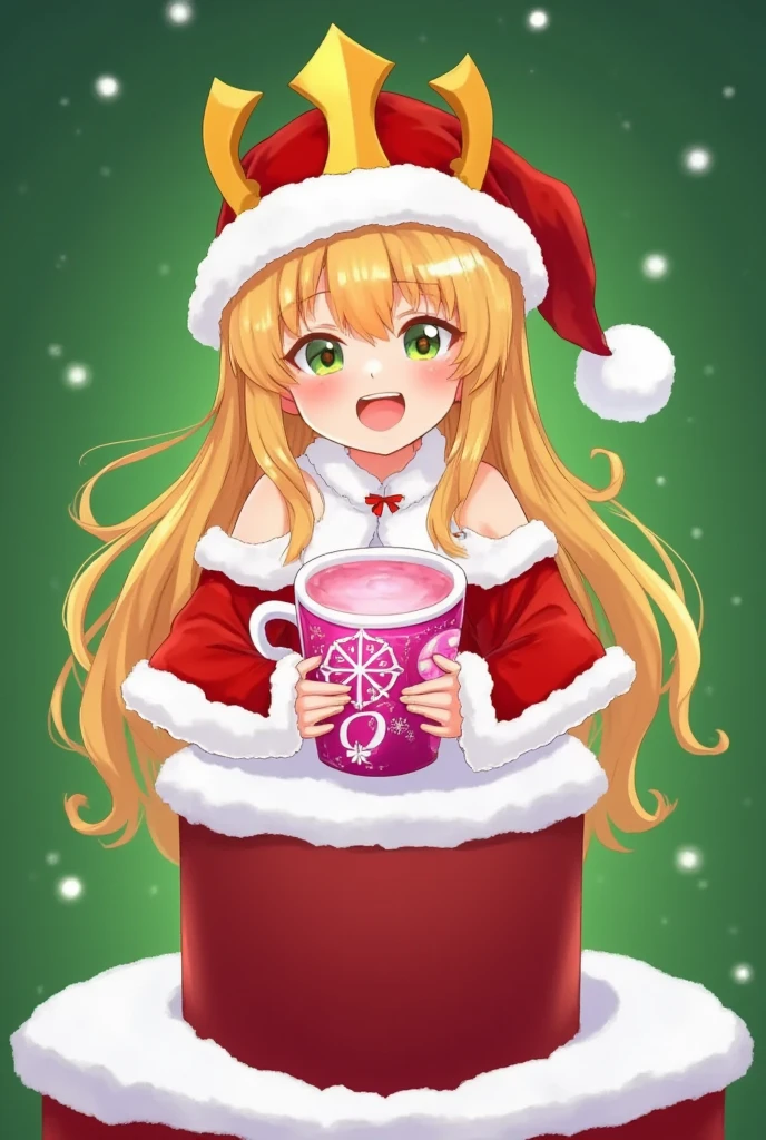 santagirl,chirtsmas,Snowy，Podium Background，Christmas， a vibrant pink coffee cup with intricate white design on the lid， holding a light pink drink topped with a white star， featuring a regal woman's face in delicate white outline， adorned with a golden crown and soft， flowing hair， against a bright green background aglow with twinkling white lights， evoking a joyful， magical holiday ambiance.,