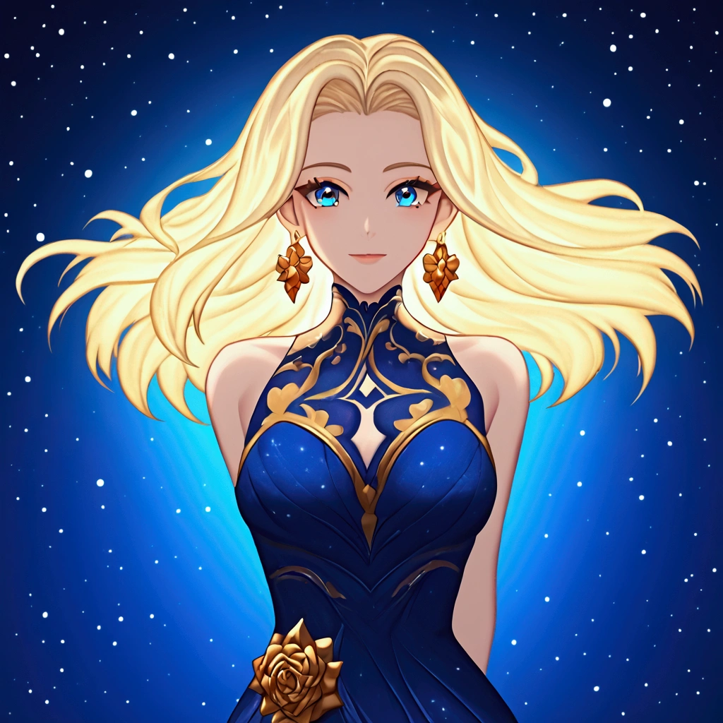 A happy young woman with light blonde hair and vibrant blue eyes stands in a front-facing pose, extending her hands forward as if offering energy. A brilliant, glowing light radiates from her chest, casting warm illumination around her. She has light skin, a slim build, and wears a long-sleeved, dark-blue dress with gold embellishments and intricate patterns. Her hair flows gracefully down her back, and she wears star-shaped earrings. The backdrop features a starry night sky with streaks of light and glowing clouds. The scene is painted in a fantasy-anime style, with soft, luminous colors and meticulous detail, creating a magical and celestial atmosphere.