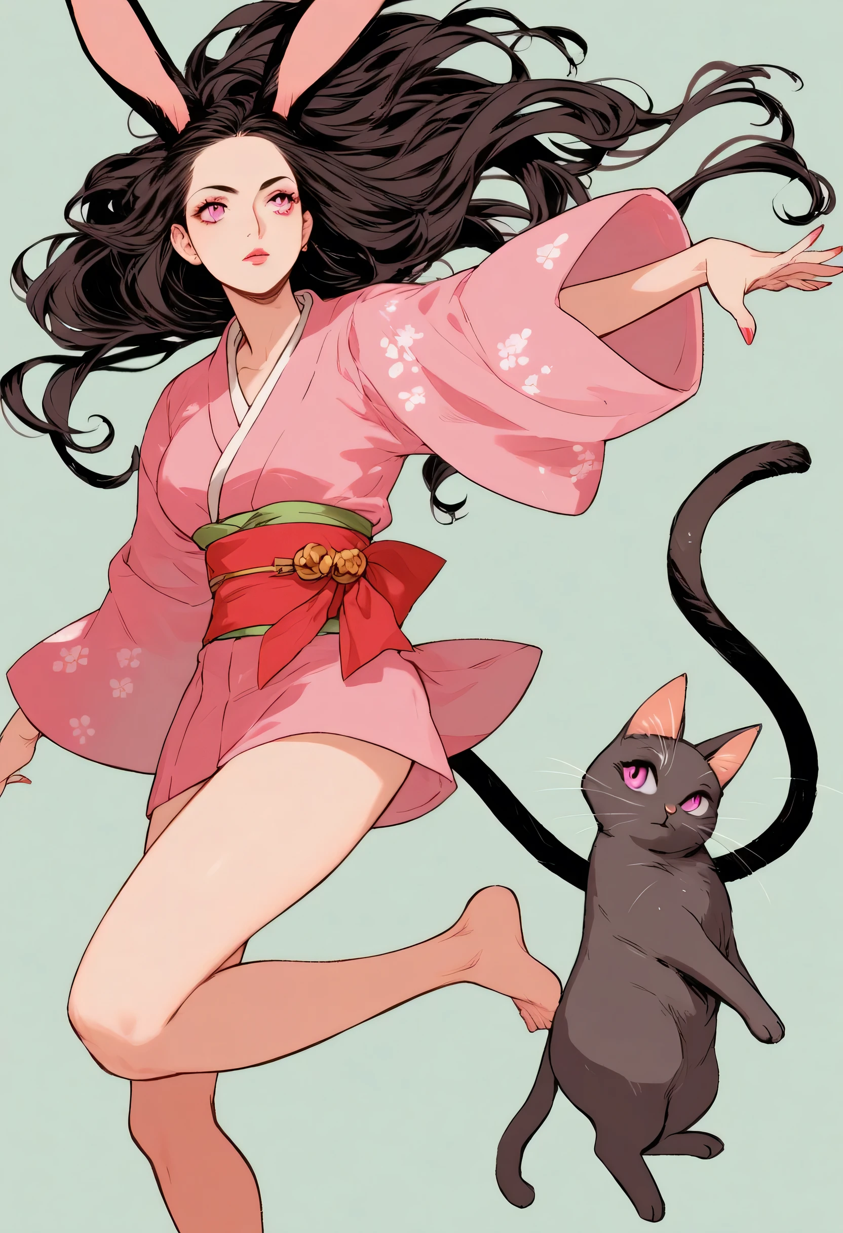 Santiago Caruso's Style , Alessandro Gottardo's Style 【 flat coating 】-
(( top quality )), illustrations, Hairy, cat, animal ears , Tail, A Girl in a Kimono with Rabbit Ears Is Flying, whole body, 1 girl, pink kimono 、Festive attire、Lonely, long hair, tousled hair、Flying Girl , , pink eye, Staring at the Audience , perfect body, dynamic pose,