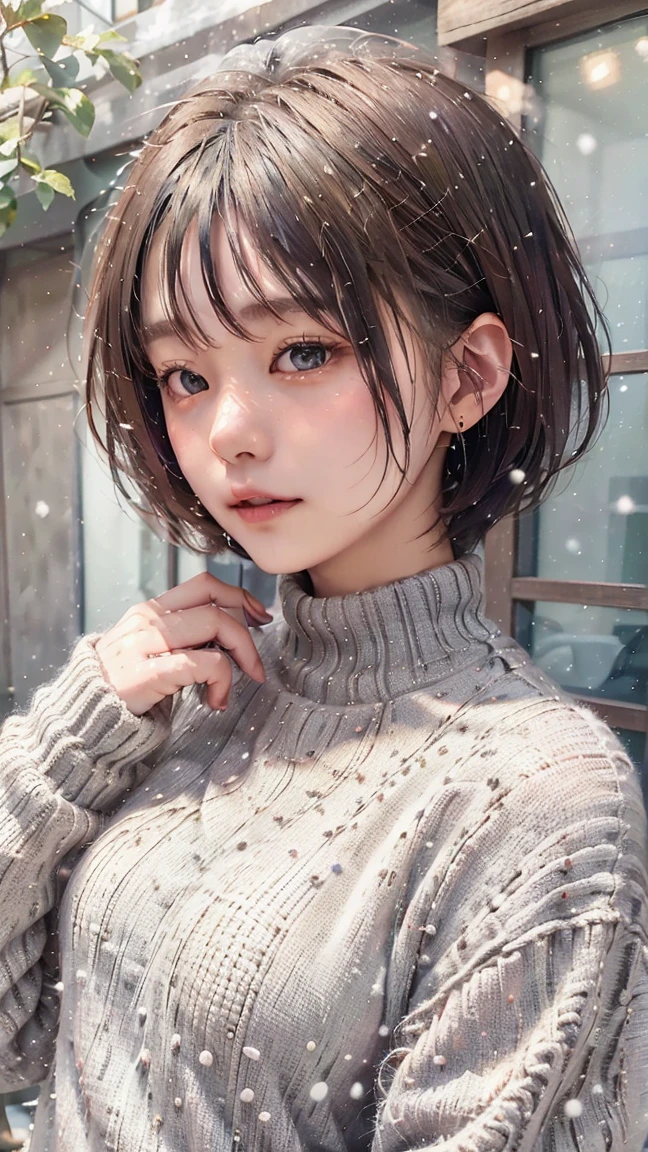 in the snowy forest, japanese girl, knit sweater, snowing,pupils sparkling, silver short hair, realistic Portrait, depth of field, f/1.8, anatomically correct, textured skin, super detail, high details, high quality, super detail, high details, high quality, best quality, highres