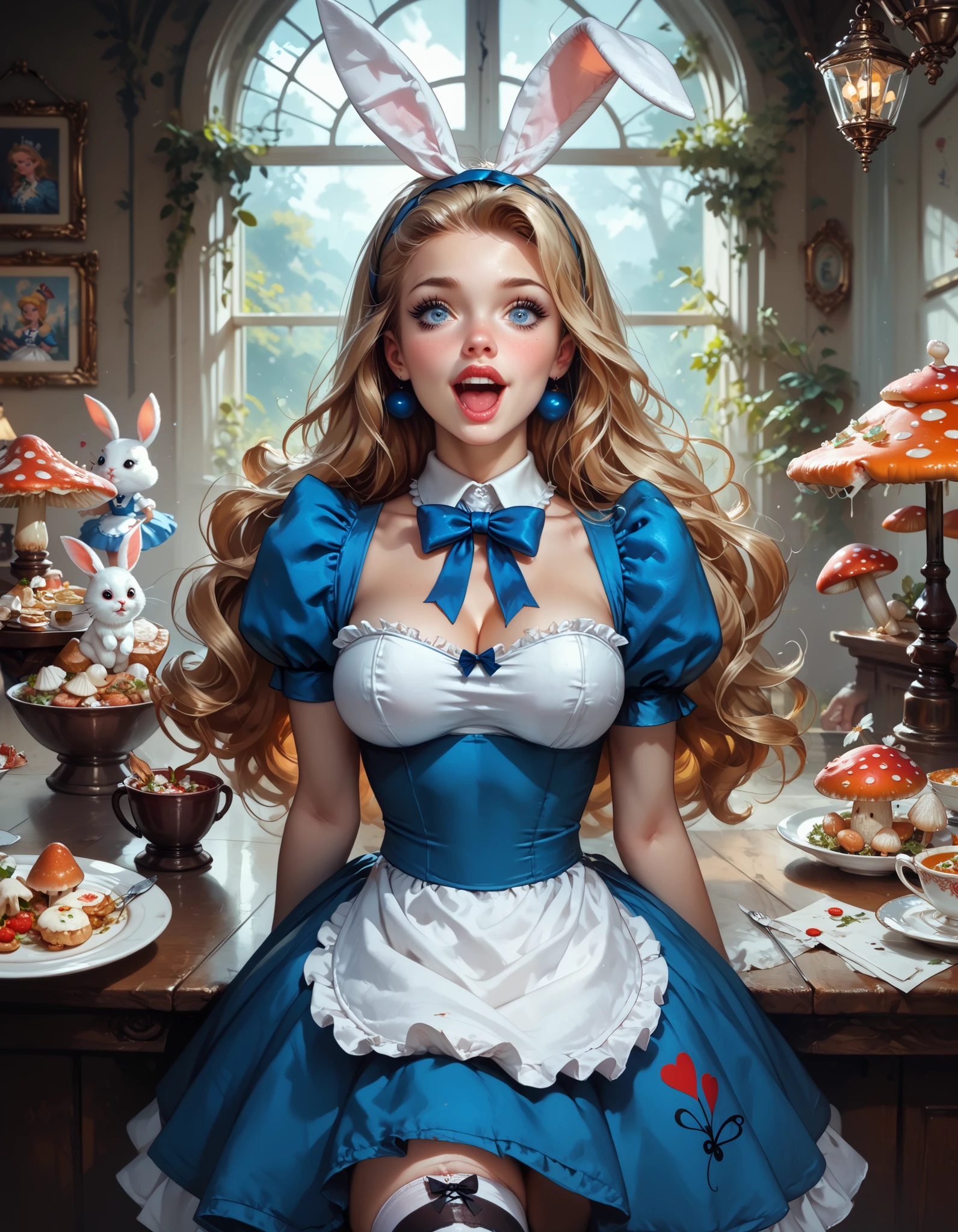 Alice in Wonderland, eats the mushroom that makes her tall, she is growing larger and her dress is shredding, up skirt fetish, her underwear is tight and ripping, boobs are squished and tight, inside the little house, white rabbit is sexually excited, fine details, face is pretty and innocent, HD, 8x, lurid and vivid colors, classic fairy tale aesthetic, classic illustration style,