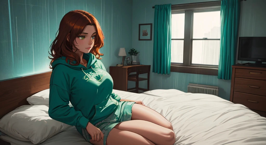 "A cozy and cinematic bedroom with a dark, rainy atmosphere featuring A woman medium boobs with short wavy auburn hair, wearing a lush green hoodie and fit jeans laying on the bed. The room is illuminated by moody neon lights in shades of warm orange and teal, casting a soft glow on the walls. A vintage classic TV is playing static or an old movie, adding a nostalgic touch. Through the large glass window, heavy rain is visible, with water droplets streaming down the glass, creating a calming ambiance. The room features minimalistic furniture, with a comfortable bed and a small nightstand. The scene is rich with detail, evoking a sense of solitude and serenity."
