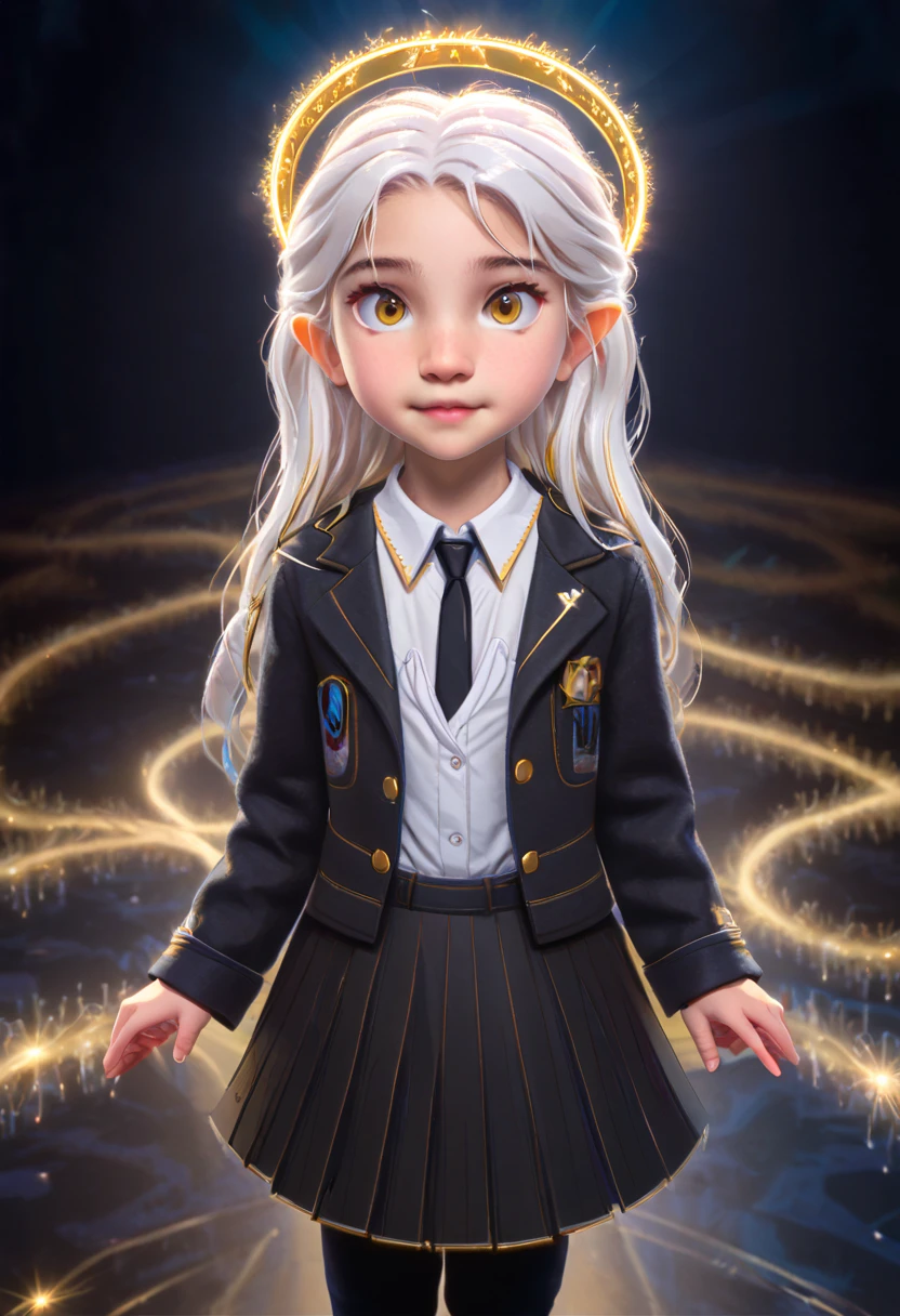 (masterpiece, best quality:1.3), (ultra-detailed:1.3), 1 girl, Alone, (white hair, messy hair, Long hair), (angel wings, angel halo), flat chest, yellow eyes, ( white shirt, black tie, black coat, open), cowboy shot, cinematic lighting, (((bright light particles))), (arms behind back), dynamic angle, ( judy hoops , judy hoops with batman costume flying)