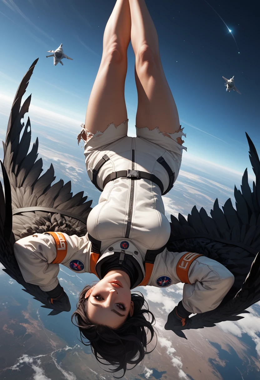 Score_9, score_8_up, score_7_up, 1woman, in free fall, viewed from above, back turned to viewer, looking away from viewer, high altitude view, plummeting head first towards Earth,upside down , the curve of the planet is visible, dressed in modern space suit, ((black wings extend from her back)), (wings are burning and damaged:1.3)