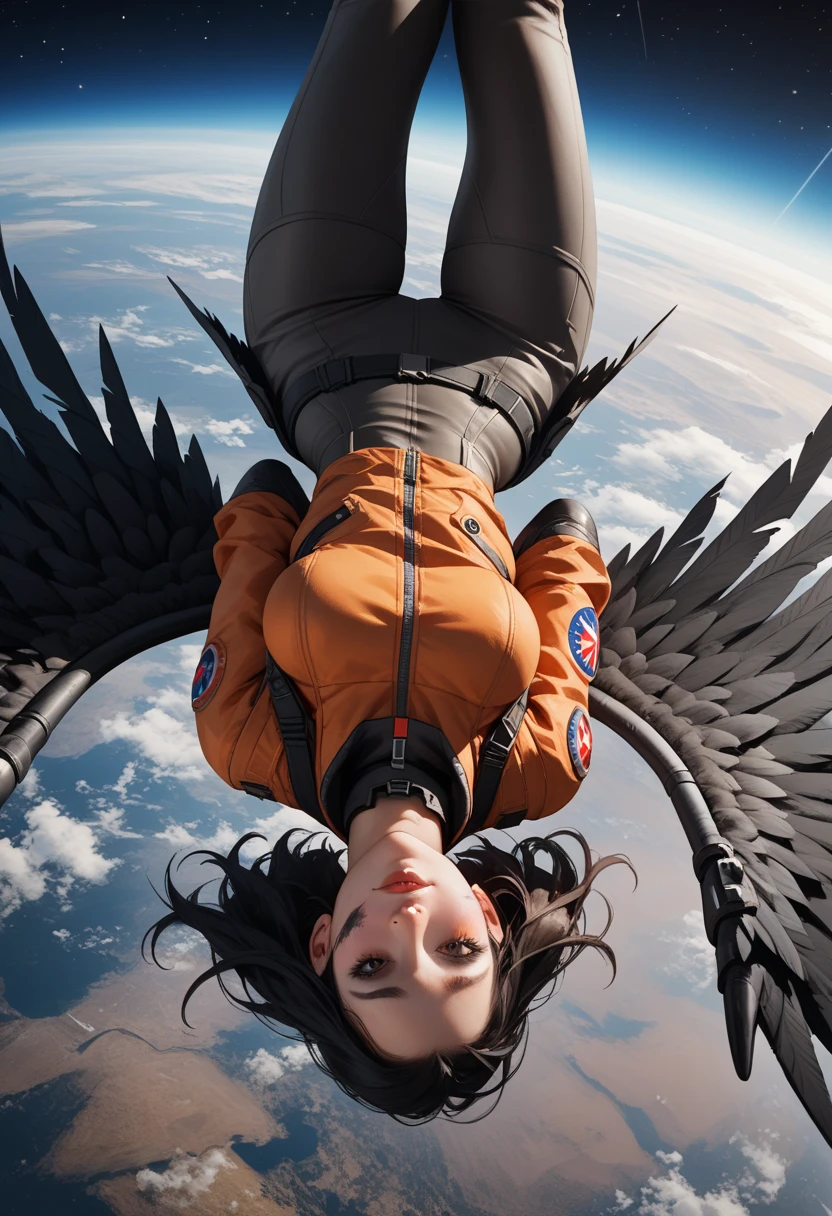 Score_9, score_8_up, score_7_up, 1woman, in free fall, viewed from above, back turned to viewer, looking away from viewer, high altitude view, plummeting head first towards Earth,upside down , the curve of the planet is visible, dressed in modern space suit, ((black wings extend from her back)), (wings are burning and damaged:1.3)