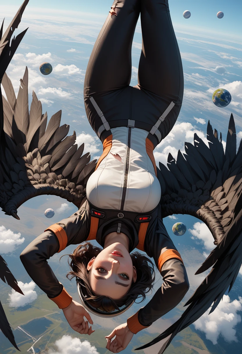 Score_9, score_8_up, score_7_up, 1woman, in free fall, viewed from above, back turned to viewer, looking away from viewer, high altitude view, plummeting head first towards Earth,upside down , the curve of the planet is visible, dressed in modern space suit, ((black wings extend from her back)), (wings are burning and damaged:1.3)