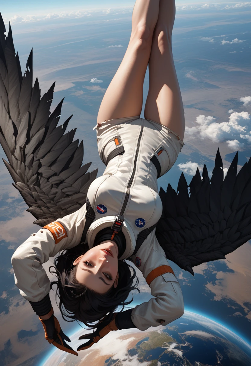 Score_9, score_8_up, score_7_up, 1woman, in free fall, viewed from above, back turned to viewer, looking away from viewer, high altitude view, plummeting head first towards Earth,upside down , the curve of the planet is visible, dressed in modern space suit, ((black wings extend from her back)), (wings are burning and damaged:1.3)