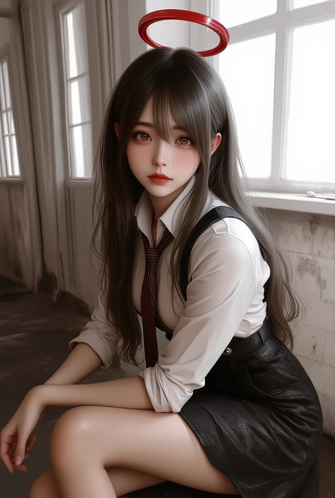 photo realism,Noir,best quality,highly detailed,1girl,long black hair,red eyes,white shirt,black suspender skirt,striped tie,relaxed pose,head resting on hand,crossed legs,bright window light,minimalistic room,red halo symbol,soft shadows,mysterious atmosphere,clean composition, (How to incorporate noise into illustration details:0.2)
