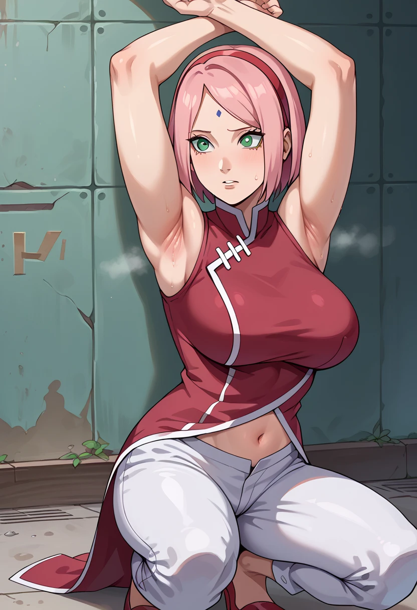 score_9, score_8_up, score_7_up,,nsfw, 1girl, Haruno Sakura, pink hair, short hair, green eyes, forehead mark, hairband,
red sleeveless dress, navel, large breasts, white pants,In a dim alley  ,Armpit,Armpit wrinkles,Armpit smell,Armpit juice,arms up,stretch, is seducing,(excess pubic hair,under hair),Squat down, 