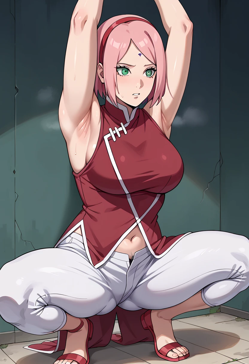 score_9, score_8_up, score_7_up,,nsfw, 1girl, Haruno Sakura, pink hair, short hair, green eyes, forehead mark, hairband,
red sleeveless dress, navel, large breasts, white pants,In a dim alley  ,Armpit,Armpit wrinkles,Armpit smell,Armpit juice,arms up,stretch, is seducing,(excess pubic hair,under hair),Squat down, 