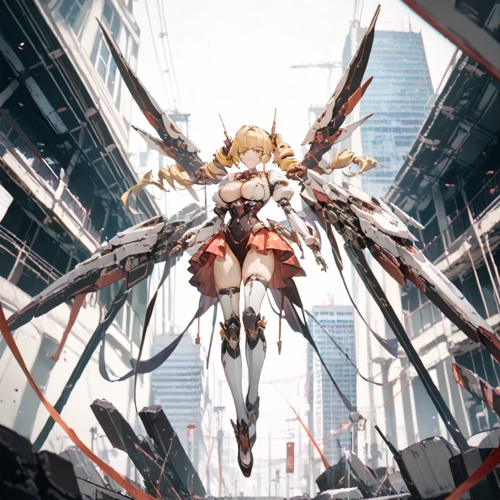 Battles in a collapsed city、Mami Tomoe, blonde hair, drill hair, twin drills, yellow eyes, , A-SRS、 ROBOTANIMESTYLE, MECHA-BACK-UNIT、 MECHA-WINGS ,