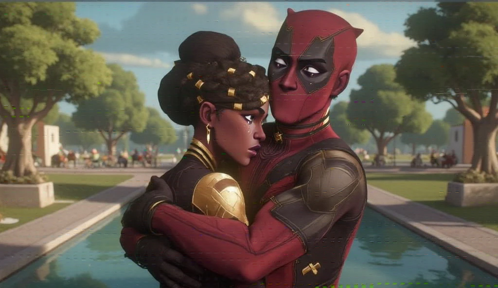 deadpool and Mel Medarda hugging each other at the park