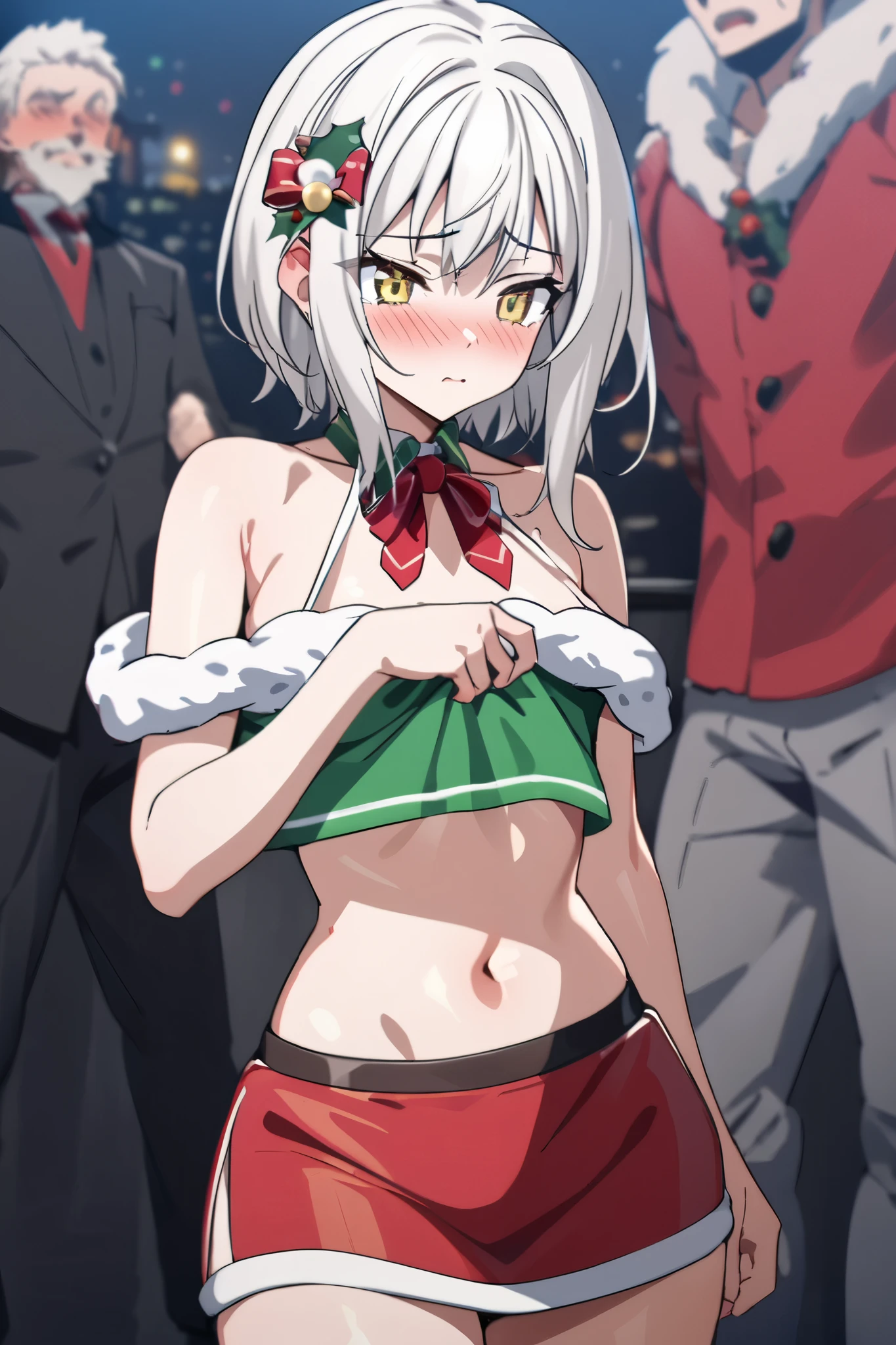 NSFW,masterpiece, top quality , high definition , very detailed,Tacheng kitten、 short hair、 hair ornament、 yellow eyes、White Hair, Santa Claus, crop top, miniskirt, shoulder out,Embarrassed,blush,Prostitute,Nightlife