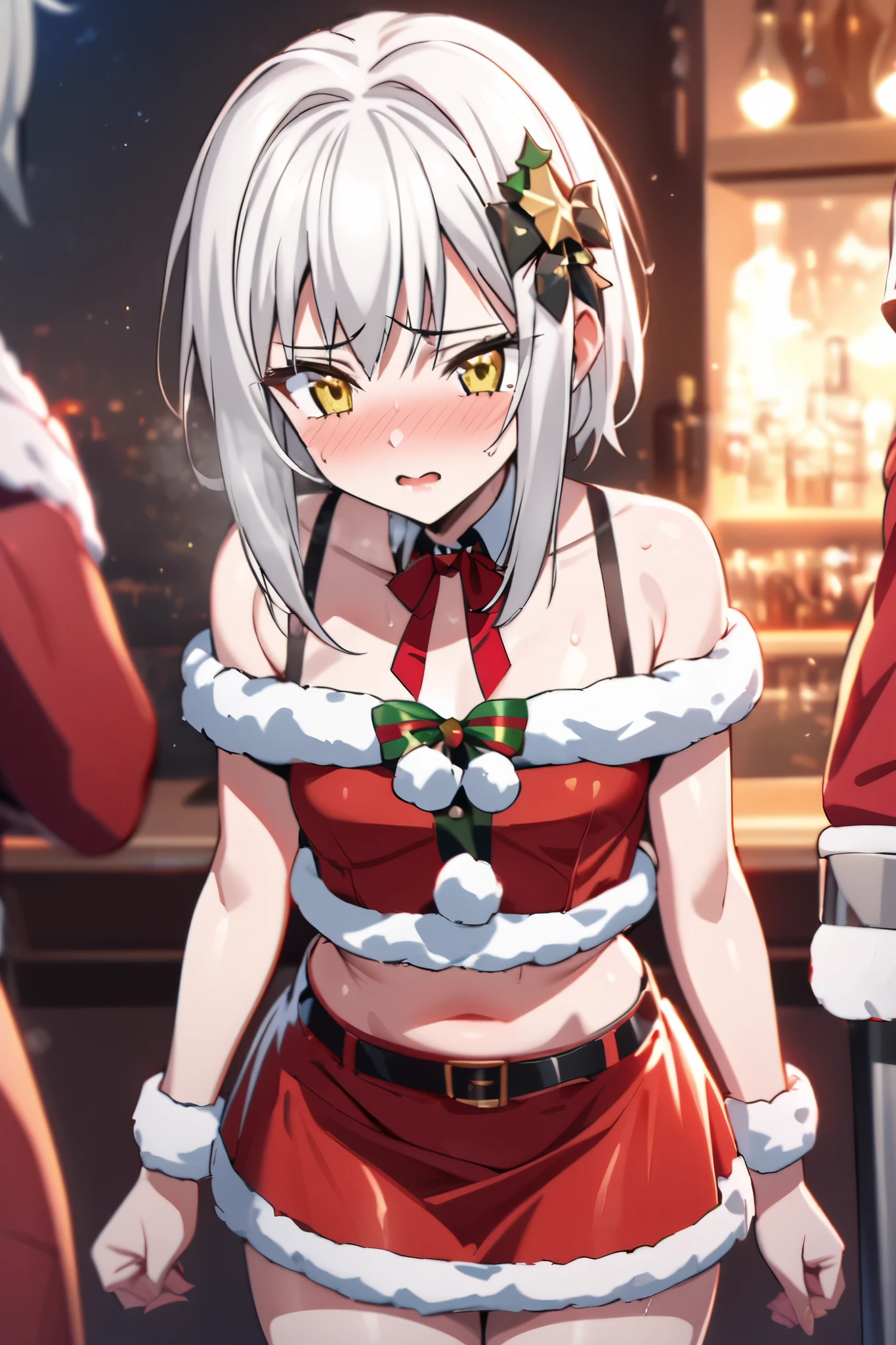 NSFW,masterpiece, top quality , high definition , very detailed,Tacheng kitten、 short hair、 hair ornament、 yellow eyes、White Hair, Santa Claus, crop top, miniskirt, shoulder out,Embarrassed,blush,Prostitute,Nightlife