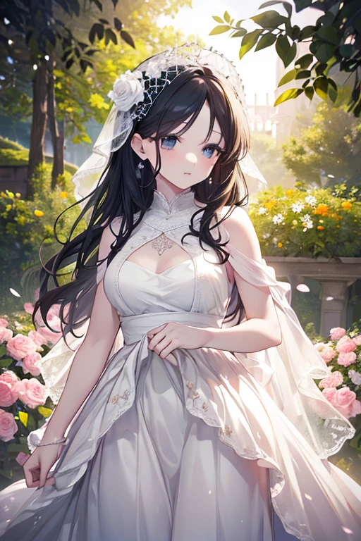 (masterpiece, best quality:1.6), white lace dress, cowboy shot, thighs, beautiful girl, (flowers, many small white petals:1.3), garden, blue sky, looking at viewer, small waist, official art, raw photo, incredibly absurdres, facelight, dynamic lighting, cinematic lighting, ultra realistic, highres, photography, sharp focus, highest detailed, extreme detailed, ultra detailed, finely detail, extremely detailed eyes and face