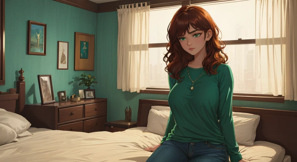 "A cozy and cinematic bedroom with a dark, rainy atmosphere featuring A woman medium boobs with short wavy auburn hair, wearing a lush green top and fit jeans laying on the bed. The room is illuminated by moody neon lights in shades of warm orange and teal, casting a soft glow on the walls. A vintage classic TV is playing static or an old movie, adding a nostalgic touch. Through the large glass window, heavy rain is visible, with water droplets streaming down the glass, creating a calming ambiance. The room features minimalistic furniture, with a comfortable bed and a small nightstand. The scene is rich with detail, evoking a sense of solitude and serenity."
