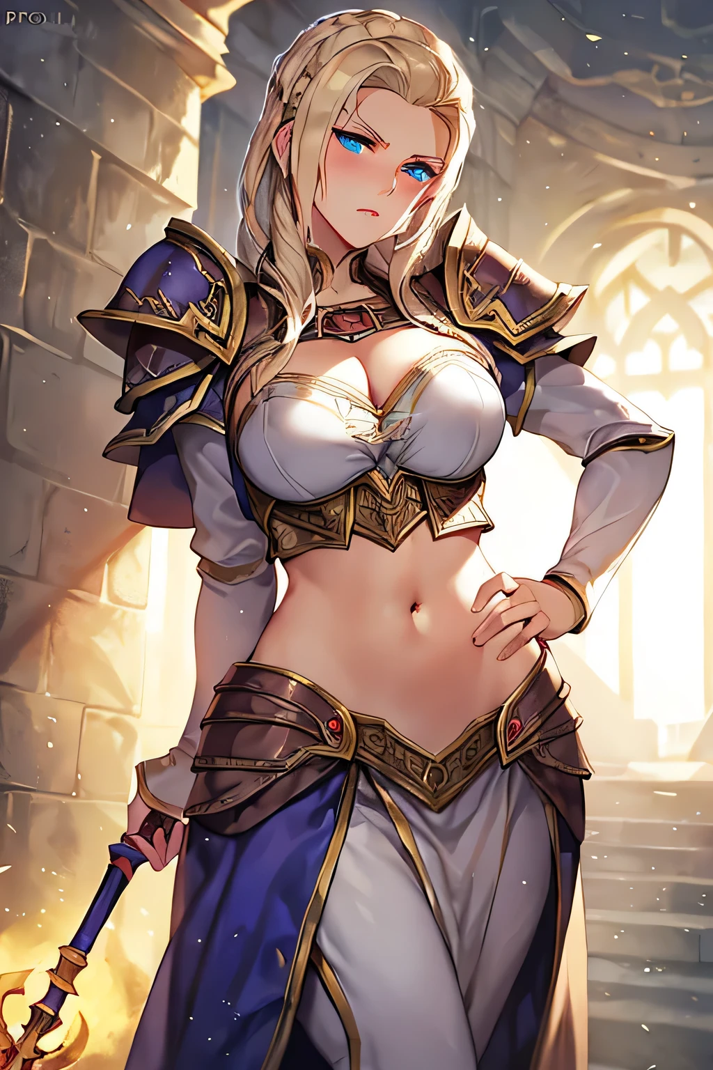 super fine illustration, vibrant colors, masterpiece, sharp focus, best quality, depth of field, ultra detailed, 1girl, solo, blush, waist cloth, long sleeves, armor, world of warcraft, jaina proudmoore, looking down, wowjaina, blonde hair , jainaproudmoore, armor, shoulder pad, long skirt, red lips, annoyed, simple background, leaning back, blue eyes, leaning back, hand on own stomach, wide hips, belly button, tummy