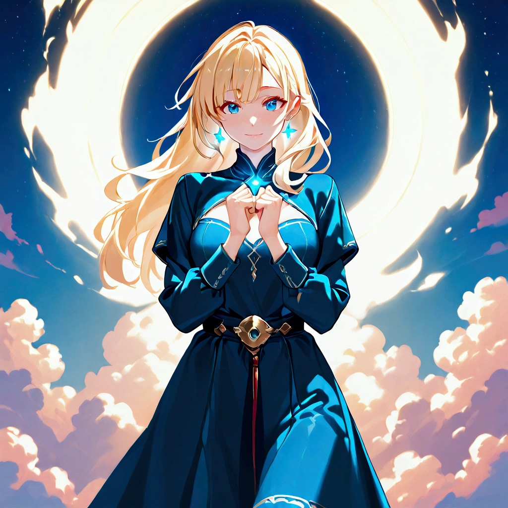 A happy young woman with long blonde hair and vibrant blue eyes stands in a front-facing pose, extending her hands forward as if offering energy. A brilliant, glowing light radiates from her chest, casting warm illumination around her. She has light skin, a slim build, and wears a long-sleeved, dark-blue dress with gold embellishments and intricate patterns. Her hair flows gracefully down her back, and she wears star-shaped earrings. The backdrop features a starry night sky with streaks of light and glowing clouds. The scene is painted in a fantasy-anime style, with soft, luminous colors and meticulous detail, creating a magical and celestial atmosphere. Front view