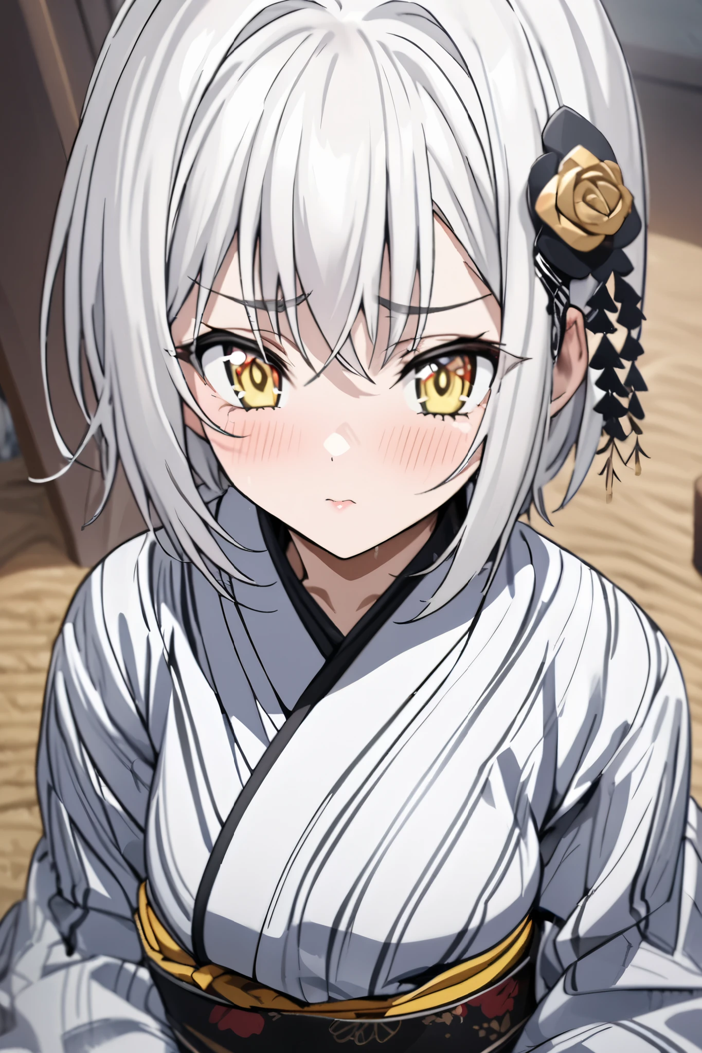 NSFW,masterpiece, top quality , high definition , very detailed,Tacheng Kitten、 short hair、 hair ornament、 yellow eyes、White Hair,yukata, kimono,Wisdom face