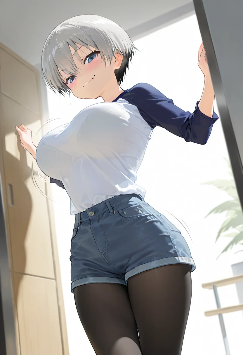 masterpiece,  top quality ,  Amazing Quality ,   very aesthetic ,  absurd, up to date, scenery,  Volume Lighting ,  is written by,  pubic skin, watching viewers against a tropical island in the background,
 1 girl, Uzaki Hana,  smirking ,smile,  smirking ing ,Please show off your chest by rolling up your clothes with your amazing huge ,  white shirt, RAGLAN SLEEVES,  Long Sleeve ,  Black Pantyhose,  BLACK LEG WEAR,  denim shorts, indoor,  changing room ,
masterpiece,  top quality ,  Amazing Quality ,   very aesthetic ,  absurd, up to date, scenery,(delicate), Big Breasts ,(round bust :1.1),(Low Rise:1.3),(big ,big hips),(Bouncing :1.4),( soft breasts),( shirt:1.2),(:1.2), Slim Belly ,( dynamic angle ),the above, show off your bra , clevis on a stone,(  hands)