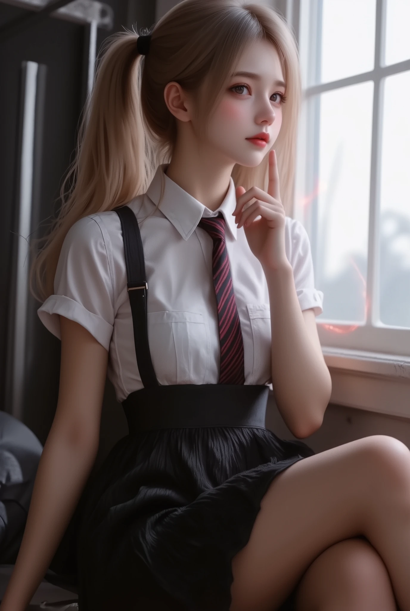 photo realism,Noir,best quality,highly detailed,1girl,white shirt,black suspender skirt,striped tie,relaxed pose,head resting on hand,crossed legs,bright window light,minimalistic room,red halo symbol,soft shadows,mysterious atmosphere,clean composition, (How to incorporate noise into illustration details:0.2)
