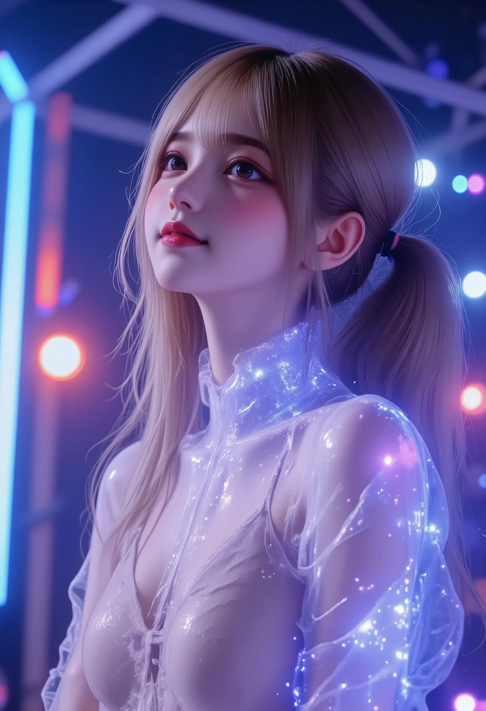 Photorealistic,best quality, highres, ultra-detailed, BREAK,hologram concert, virtual singer girl, ((Whole body translucent)),upper body only, waist-up projection,futuristic stage setup, neon lights, digital particles floating, Headset Microphonses, (very cute pose:1.5),(korean idol pose:1.5),dynamic pose,(very cute big smile),looking away, vibrant lighting effects, audience lights in background, immersive virtual atmosphere, sci-fi concert hall, BREAK,physically-based rendering, extreme detail description, professional,