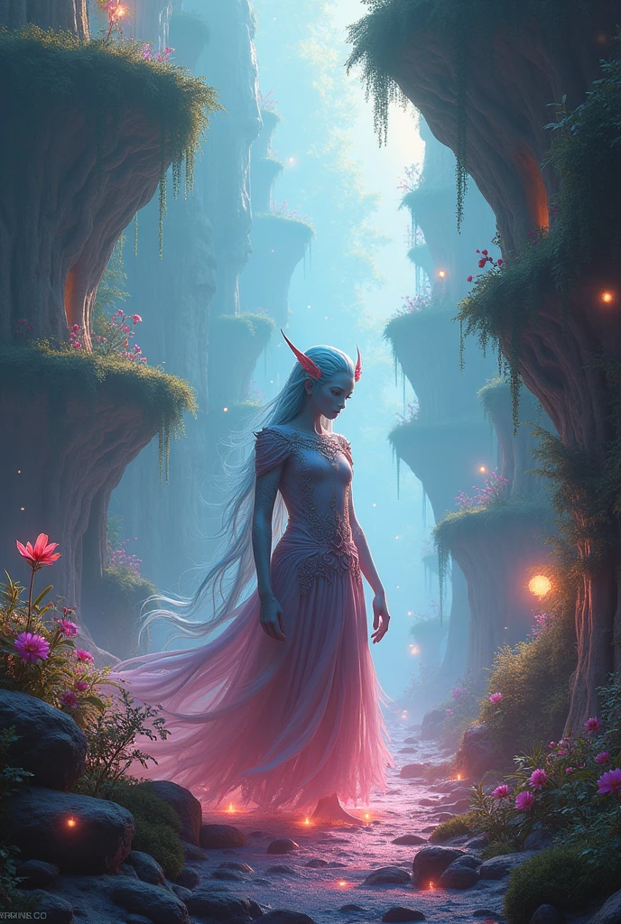 A beautiful woman following a mischievous elf into a mysterious grotto, with glowing crystals illuminating the path, 70s style, neon synthwave