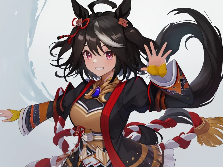 best quality, absurdres, masterpiece, 
K{solo}h, 1 girl, kitasan black
(umamusume),umamusume,animal tail,horse
tail,standing,goodbye wave hands,upper body, {{best quality, very aesthetic, 8K, beautiful, intricate, overall detail, high resolution,beautiful detailed eyes, perfect anatomy), perfect limbs),{perfect legs), {perfect hands), {perfect fingers},, best quality, amazing quality, very aesthetic, absurdres
happy, glad, cheerful grin, looking at viewer, beautiful breasts