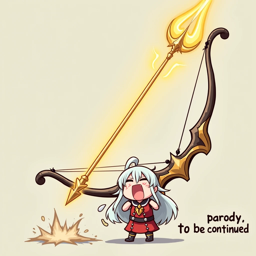 The image has the caption "parody, to be continued" written on the bottom right of it, depicting a chibi character who is about to be pierced by a iridescent gold-plated god bow and god arrow, rolling his eyes and passing out