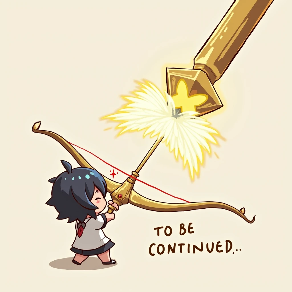 The image has the caption "parody, to be continued" written on the bottom right of it, depicting a chibi character who is about to be pierced by a iridescent gold-plated god bow and god arrow, rolling his eyes and passing out