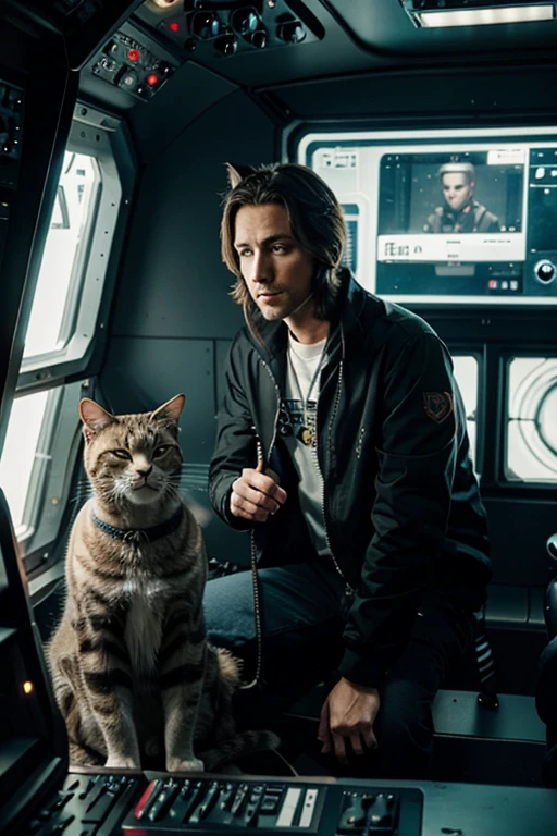 Cyberpunk .handsome boy ultra realistic with cat