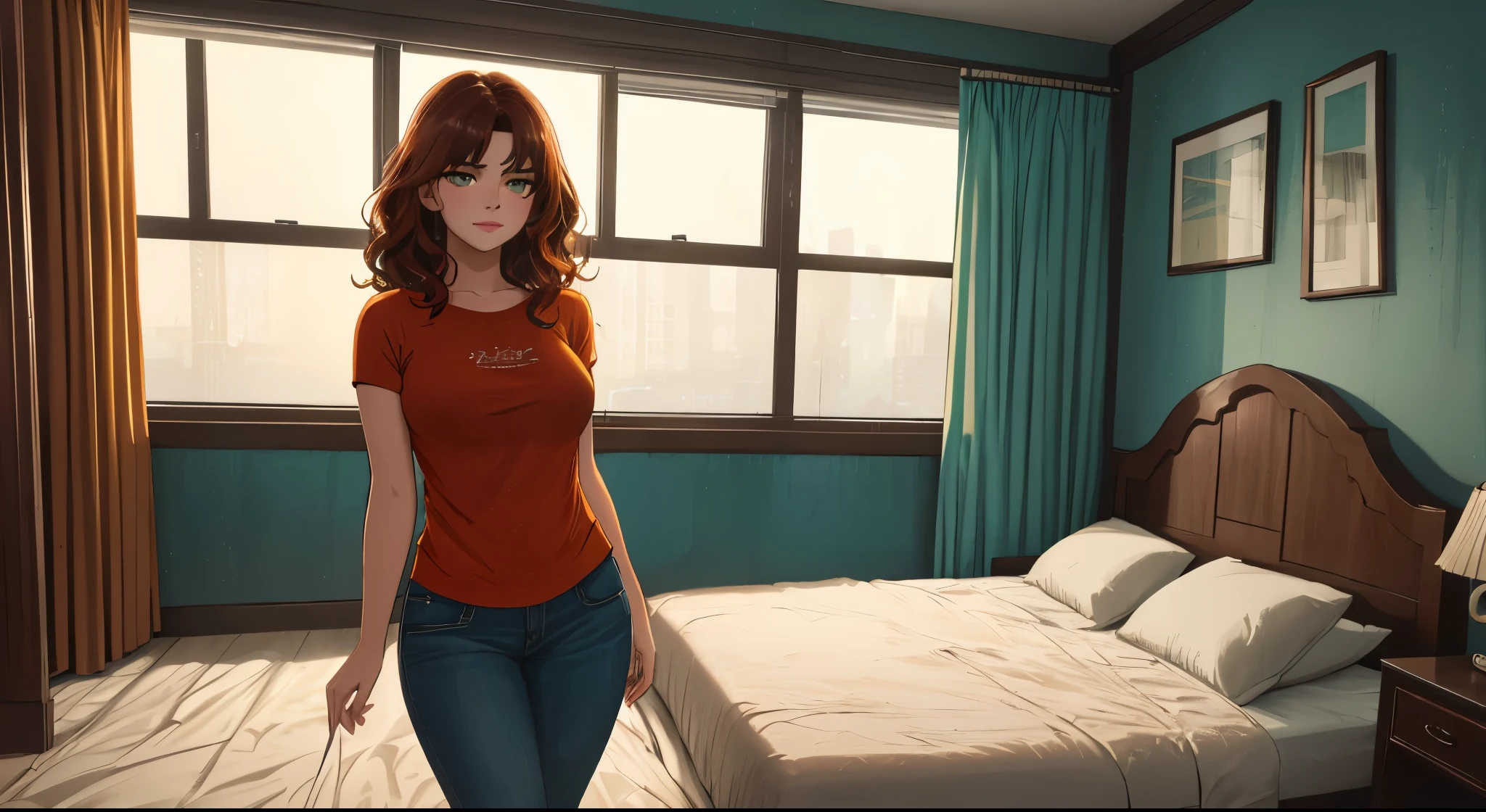 "A cozy and cinematic bedroom with a dark, rainy atmosphere featuring A woman medium boobs with short wavy auburn hair, wearing a lush green top skirt and fit jeans laying on the bed. The room is illuminated by moody neon lights in shades of warm orange and teal, casting a soft glow on the walls. A vintage classic TV is playing static or an old movie, adding a nostalgic touch. Through the large glass window, heavy rain is visible, with water droplets streaming down the glass, creating a calming ambiance. The room features minimalistic furniture, with a comfortable bed and a small nightstand. The scene is rich with detail, evoking a sense of solitude and serenity."
