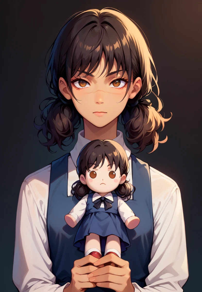 score_9, score_8_up, score_7_up, 1girl, aged_up, looking at viewer, holding character doll, Asa_mitaka, brown eyes, black curly hair, black ribbon, black pinafore dress, simple background, dark background, tan skin.