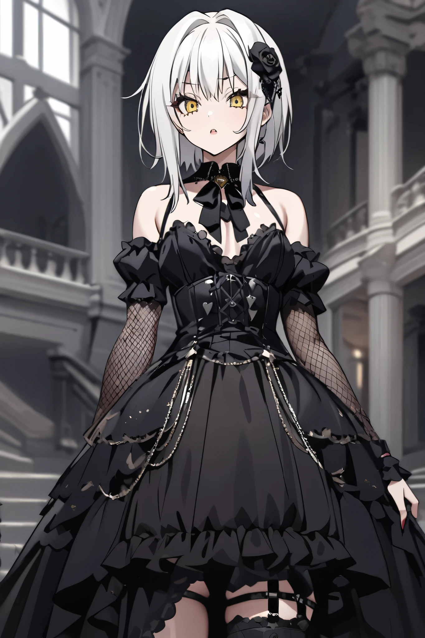 NSFW,masterpiece, top quality , high definition , very detailed,Tacheng Kitten、 short hair、 hair ornament、 yellow eyes、White Hair, Gothic Lolita Dress , multiple straps,Luxurious mansion