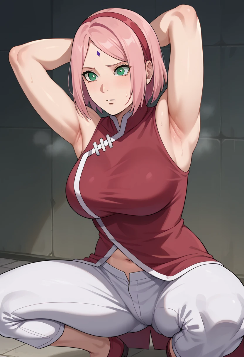 score_9, score_8_up, score_7_up,,nsfw, 1girl, Haruno Sakura, pink hair, short hair, green eyes, forehead mark, hairband,
red sleeveless dress, navel, large breasts, white pants,In a dim alley  ,Armpit,Armpit wrinkles,Armpit smell,Armpit juice,arms up,stretch, is seducing,(excess pubic hair,under hair),Squat down, 