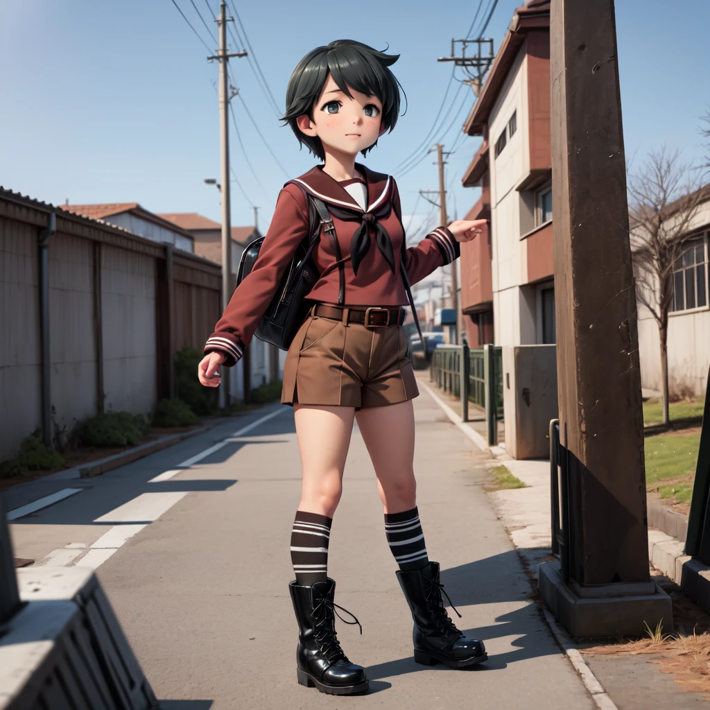 1girl ,solo,
mogami \(kancolle\),
school uniform, serafuku, brown shirt, black neckerchief, belt, brown shorts, kneehighs, black socks, black footwear, boots, 
outdoors,