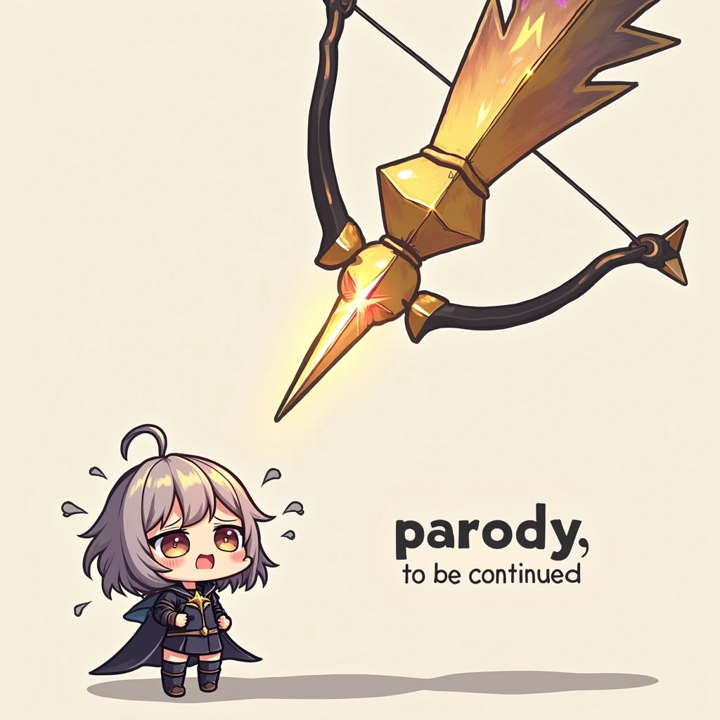 The image has the caption "parody, to be continued" written on the bottom right of it, depicting a chibi character who is about to be pierced by a iridescent gold-plated god bow and god arrow, rolling his eyes and passing out