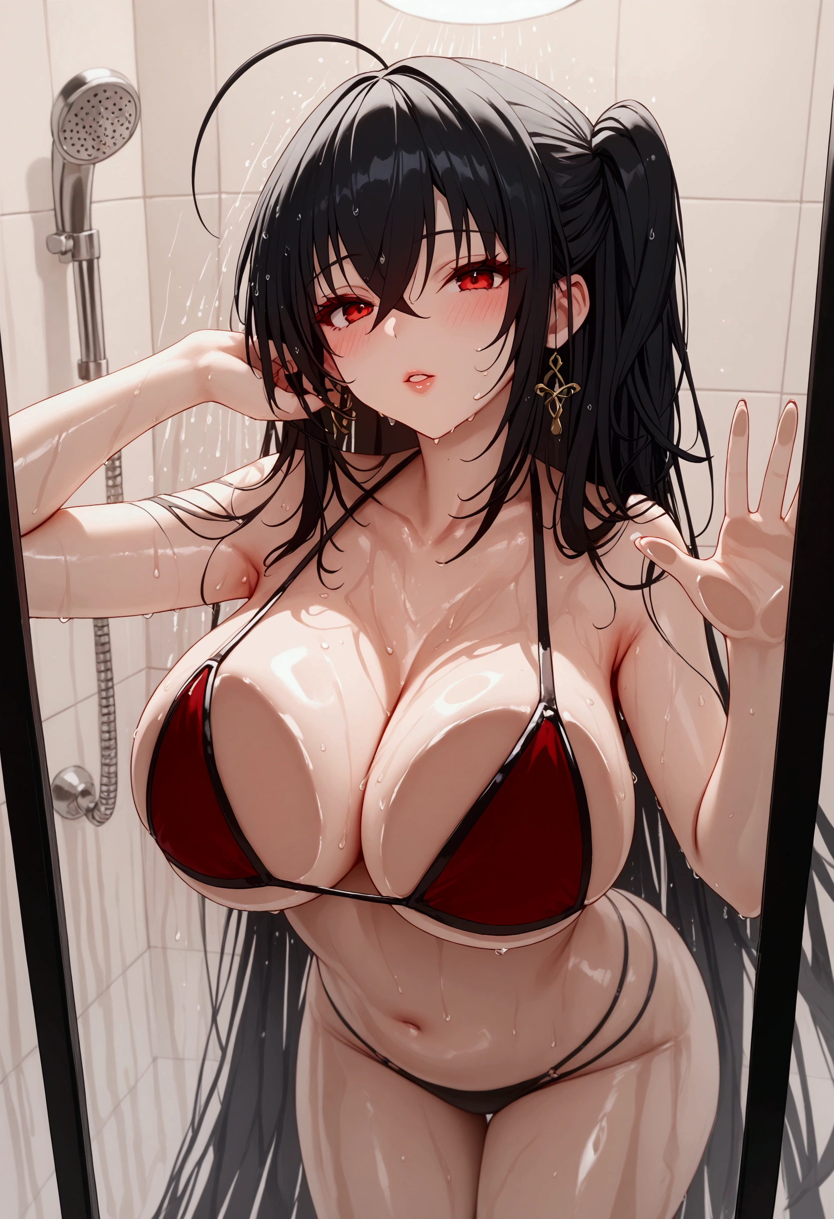 score_9,score_8_up,score_7_up, 1girl, solo, taihou \(azur lane\), azur lane, red eyes, black hair
,showering, against glass, looking at viewer, parted lips, blush, curvy, large breasts, indoors
,shiny skin, wet, oiled,shiny skin,black bikini