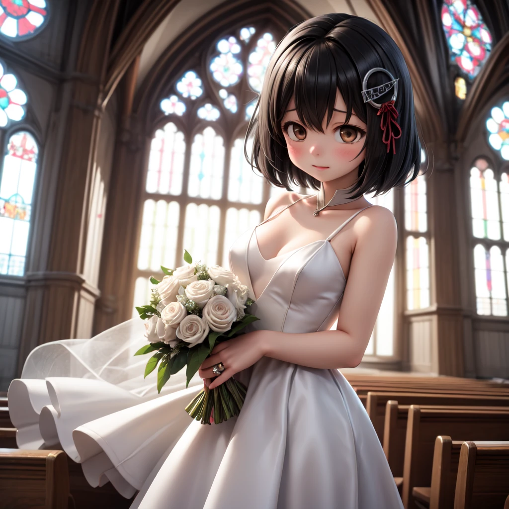 1girl, solo,
haguro \(kancolle\), short hair, black hair, brown eyes, hair ornament,
wedding dress, church,