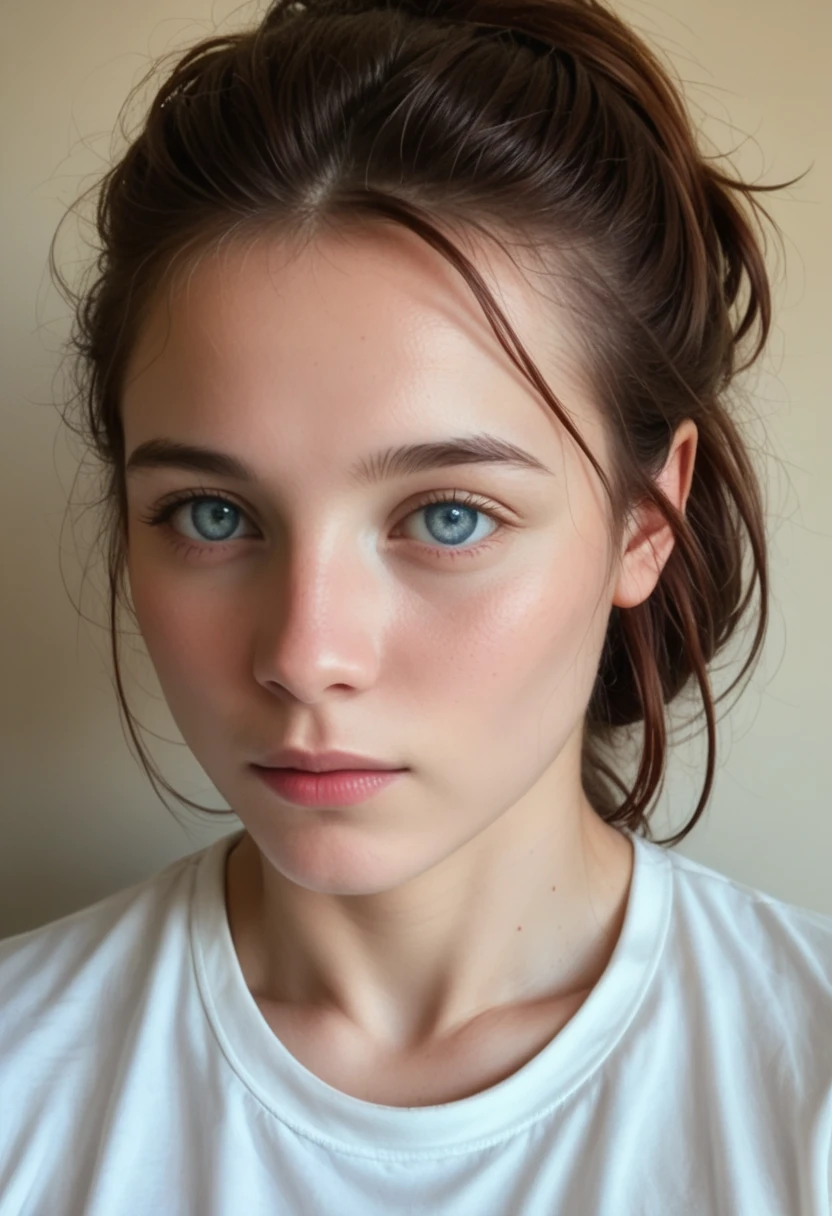 whole body, (foto realistic: 1.4), (hiper realistic: 1.4), (realistic: 1.3), (Smoother lighting: 1.05), (increase the quality of cinematic lighting: 0.9), 32K, 1girl, 20yo , lifelike lighting,  backlight, light on the face, ray trace, ( bright light: 1.2), ( increase quality : 1.4), (best quality real texture pale skin: 1.4),  finely detailed eyes ,  finely detailed face , finely quality eyes, (tired and sleepy and satisfied: 0.0),  Close-up of the face, t-shirts, (Increase the humor of the body line:1.1), ( Enhancing the beauty of the skin texture :1.1), (((the eyes are like an orbis in fire)))