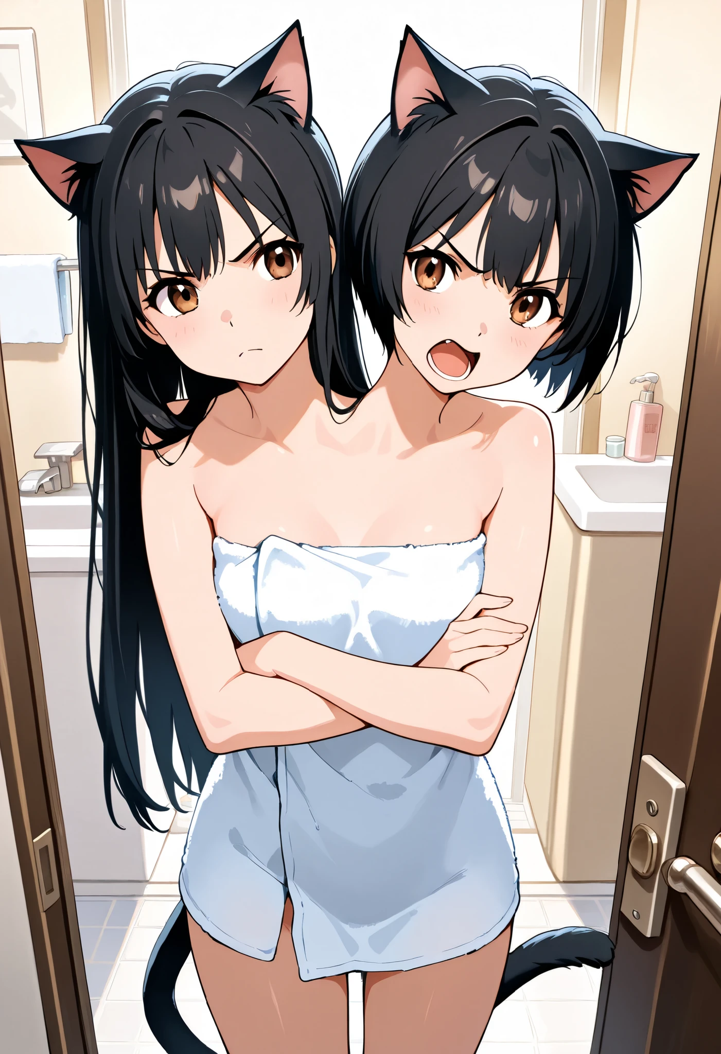 anime catgirl with two heads, cat ears, black hair, different hair lengths, left head has long hair and right head has short hair, brown eyes, cat tail, one closed mouth and one open mouth, angry, arms crossed, naked towel, bathroom doorway