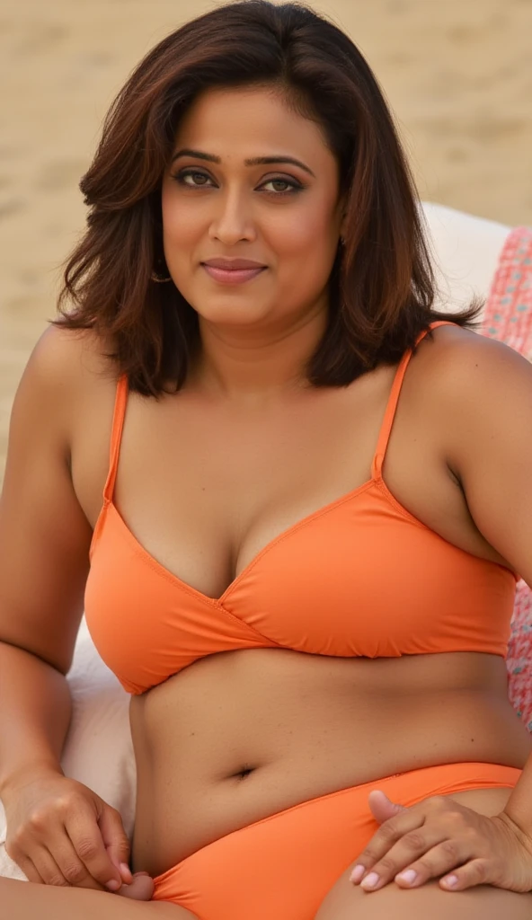 A photo of a mature indian woman,brunette hair, relaxing in beach wearing slutty orange bikini, revealing attire, toned mature body, abs visible, aged 50, (face portrait:1.5), full body shot, top quality editorial photograph, skin texture, skin pores, fair milky skin, high quality skin, top quality photography, professional photography, professional retouching, insane detailing, warm moody tones, highly detailed stubble armpits, skin pores, visible veins, skin texture, freckles 0.2,toned body, big boobs, deep navel, toned belly, natural imperfections, tattoos in arm,detailed stubble armpits, insanely detailed skin texture,rough mature skin, visible pores, fine lines, deep navel, sexy mature loose skin,
