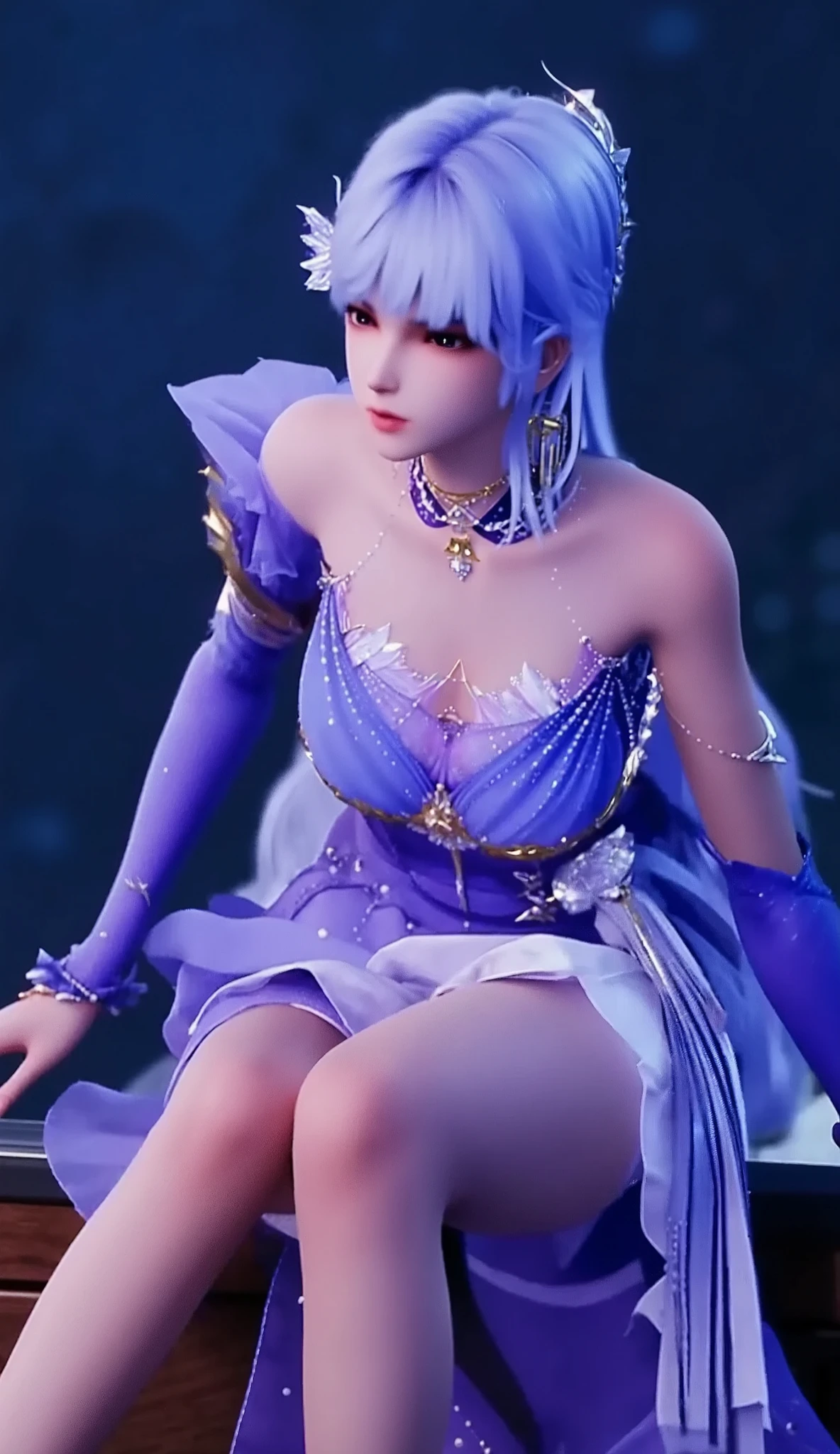 A princess with a delicate and beautiful face, large eyes, and translucent skin is looking up at the moon from a castle, enchantingly dressed in a traditional and glamorous medieval European dress and wearing a large hair ornament. A gentle, warm light surrounds the princess. The background is filled with soft out-of-focus light, and the pale blue and purple tones create a dreamy, serene, and enchanting atmosphere. Fireflies glowing in the moonlit night surround the princess, adding to the magical and ethereal atmosphere. Emphasis on the armpits